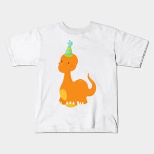 Birthday Dinosaur, Party Dinosaur, Dino, Party Hat Kids T-Shirt